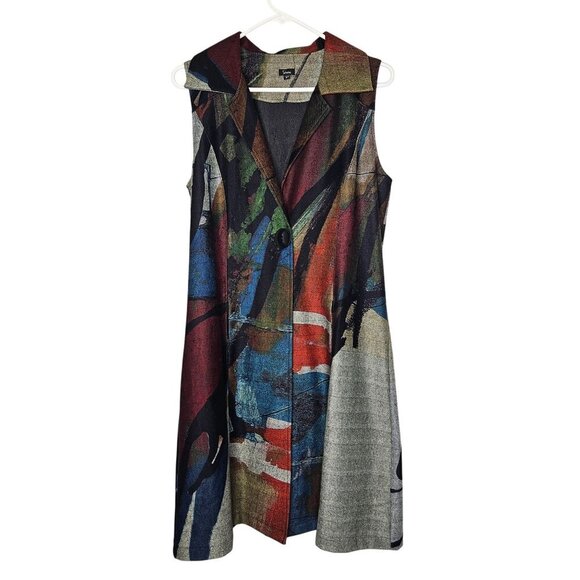 Shana Long Vest Abstract Sleeveless Collared Pockets S Art to Wear Lagenlook - Picture 1 of 11